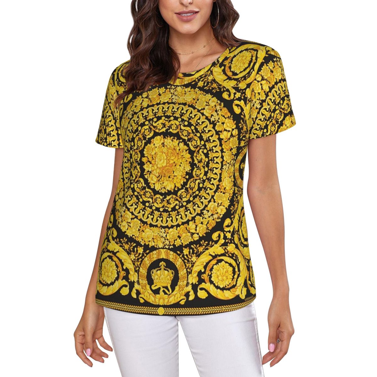 Summer Clothing For 70 Year Old Woman - Decorative Golden Medallion Baroque T-Shirt Women