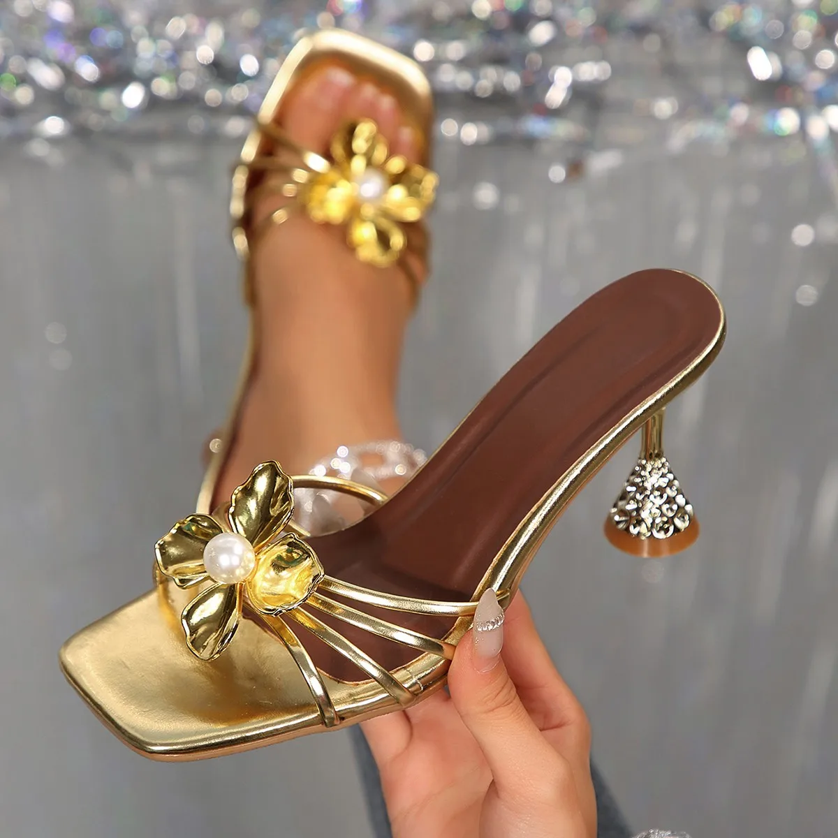 Summer Clothing For Petite Women - Vintage Metal Flower Crystal Cone Heel