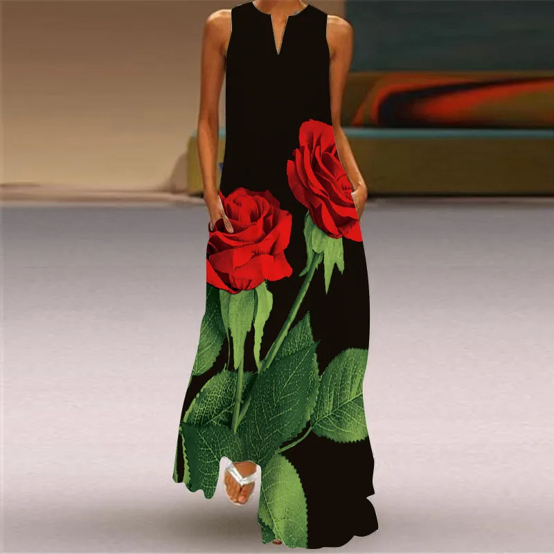 Red Rose Print Long Dress For  - Summer Rose Clothing recension och pris