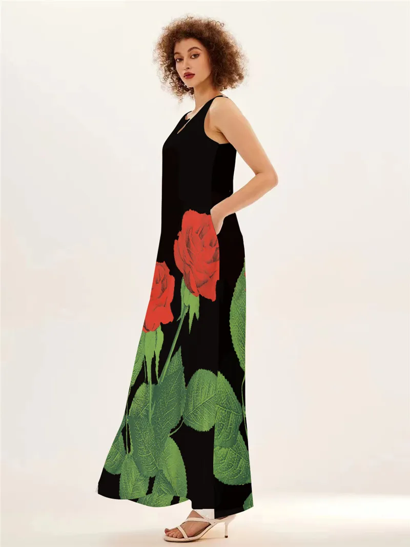 Red Rose Print Long Dress For  - Summer Rose Clothing recension och pris