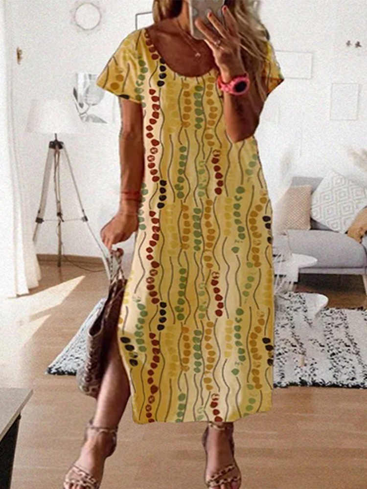 Plus Size Yellow Printed Midi  - Summer Clothing For Older Women recension och pris